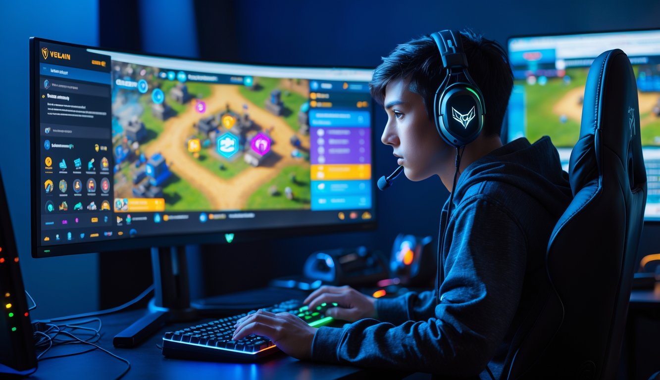 Seorang pemain muda sedang fokus bermain Valorant di depan monitor besar dengan tampilan peta dan strategi permainan, menggunakan headset gaming di sebuah meja dengan perlengkapan gaming lengkap.