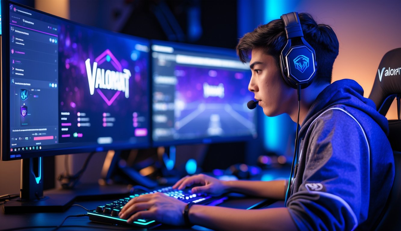 Seorang pemain esports fokus bermain Valorant di depan komputer dengan headset dan layar menampilkan permainan.