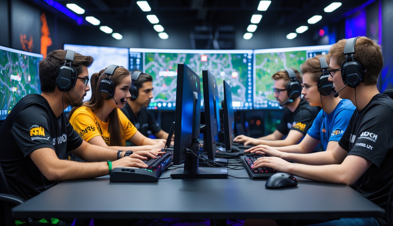 Tim esports sedang berdiskusi dan merencanakan strategi di depan komputer dengan peta taktis dan ikon karakter game.