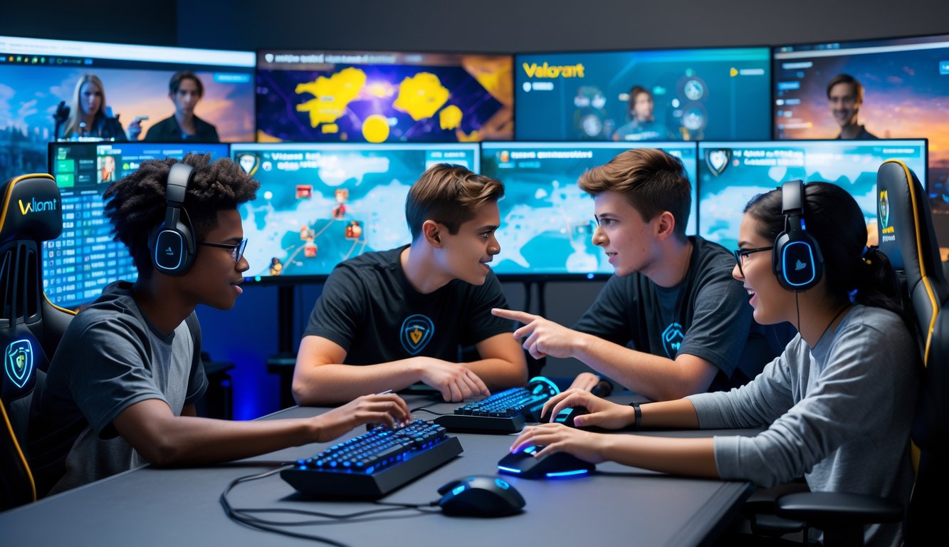 Empat orang muda sedang bermain game Valorant bersama di ruangan bermain dengan beberapa layar komputer.