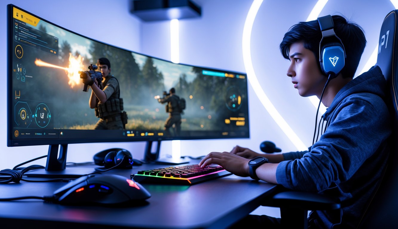 Seorang pemain muda fokus bermain game tembak-menembak di depan komputer dengan peralatan gaming modern.