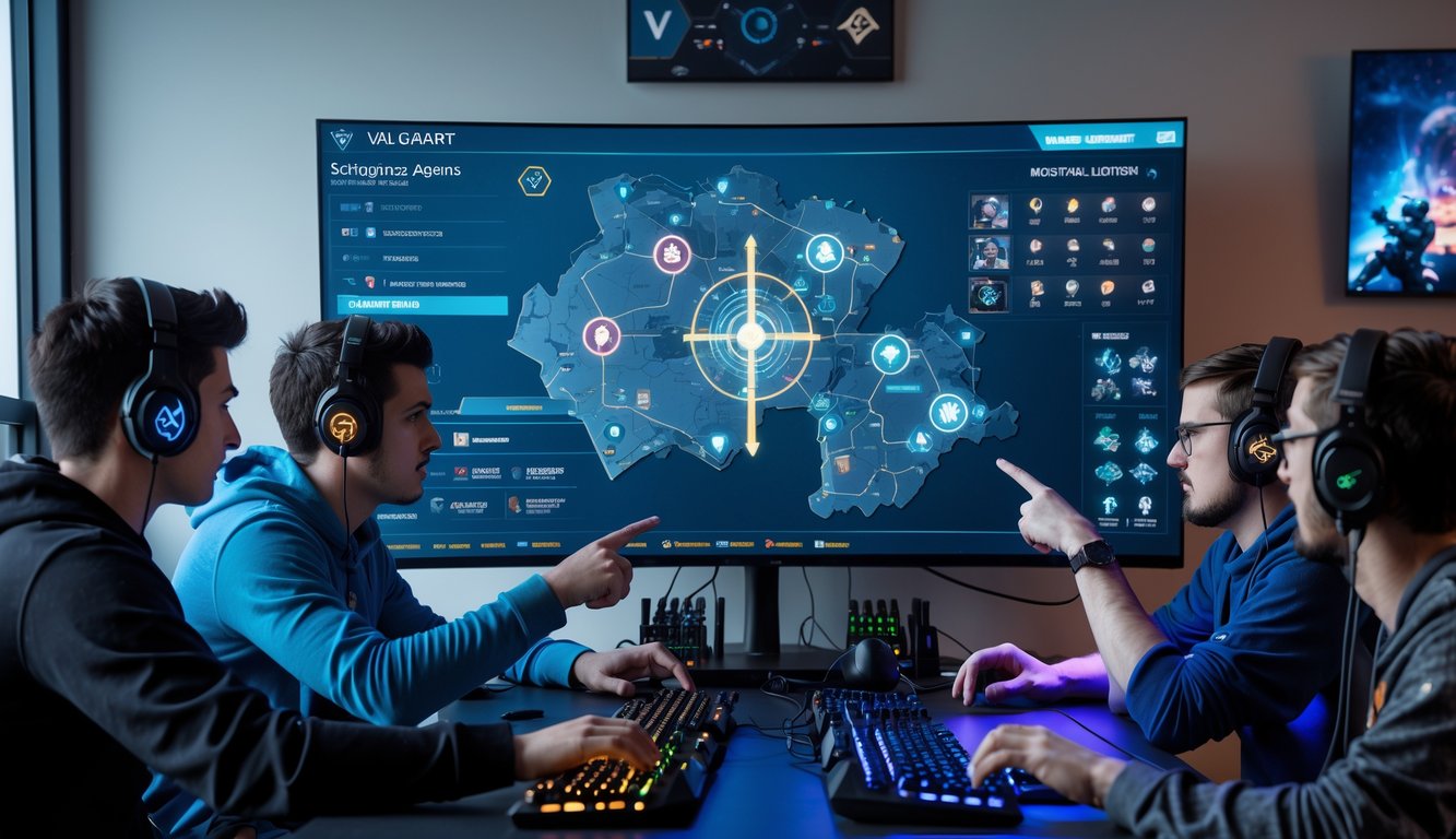 Sekelompok pemain sedang berdiskusi dan melihat layar besar yang menampilkan peta taktis Valorant untuk memilih agen sesuai peta.