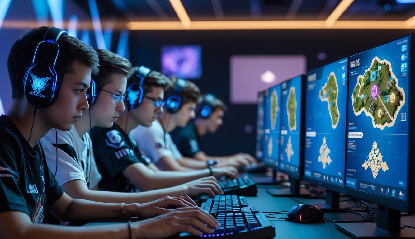 Sekelompok pemain esports muda sedang fokus bermain Valorant dengan layar komputer yang menampilkan peta permainan yang berbeda.