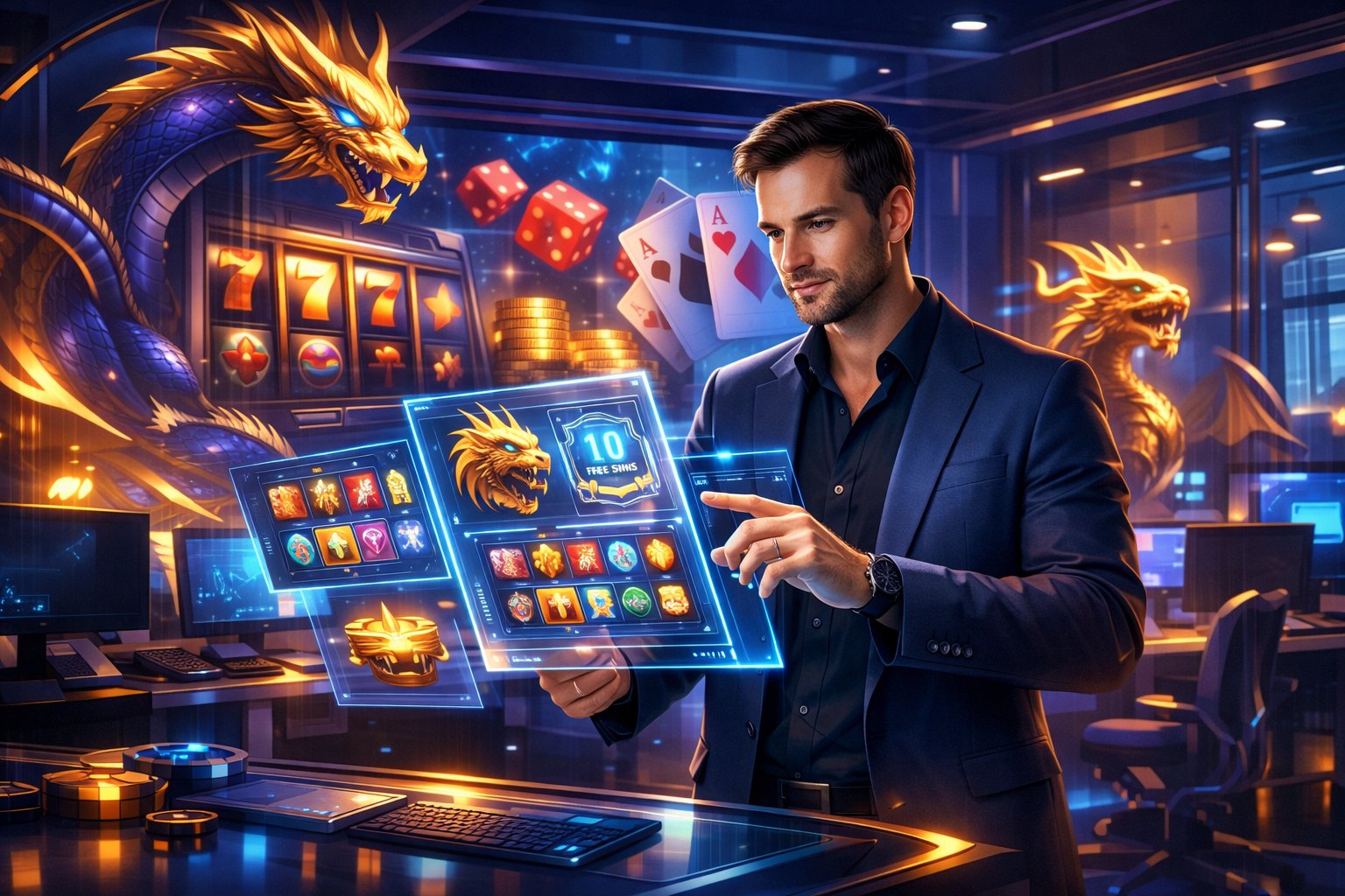A Person Reviewing Casino Game Designs On A Holographic Interface In A Modern Office With DragonThemed Decorations And Casino Elements In The Background.