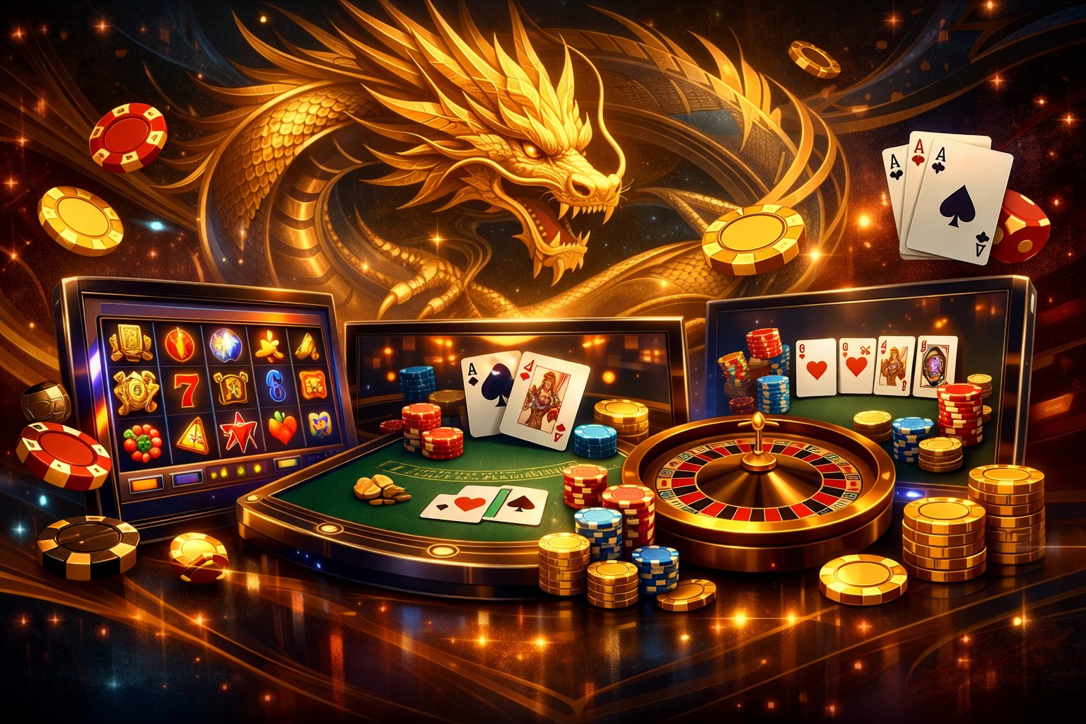A Digital Display Showing A Variety Of Casino Games With A Dragon Motif And Casino Elements Like Chips And Cards.