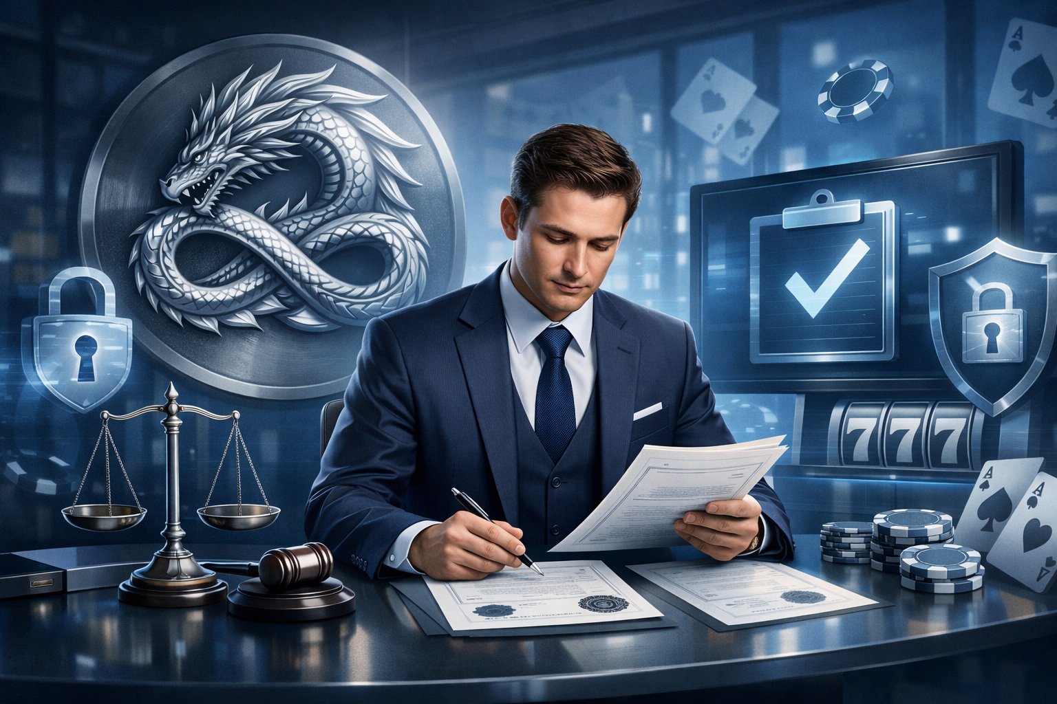 A Business Professional Reviewing Licensing Documents With A Dragon Emblem And CasinoRelated Symbols In A Modern Office Setting.