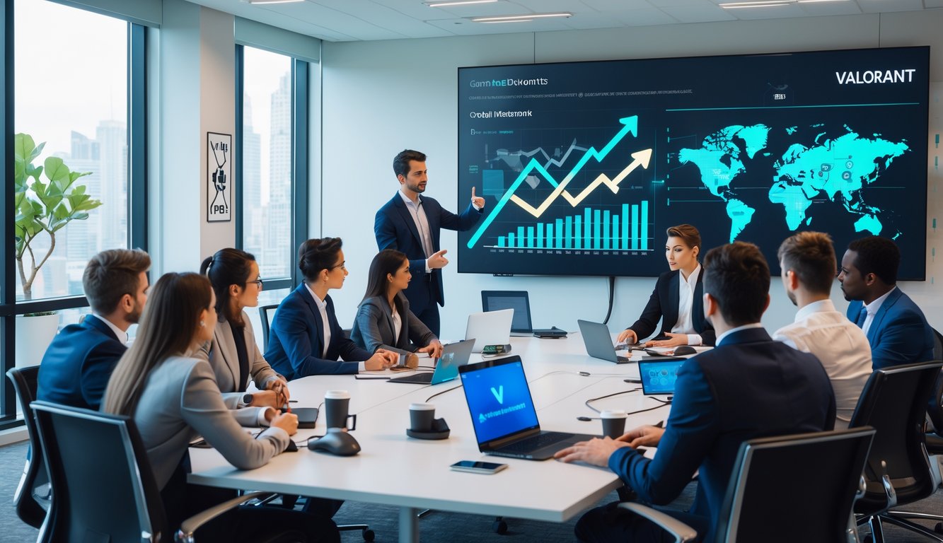 Sekelompok profesional muda sedang mengikuti tutorial ekonomi dan manajemen kredit dengan tema Valorant di ruang kantor modern.