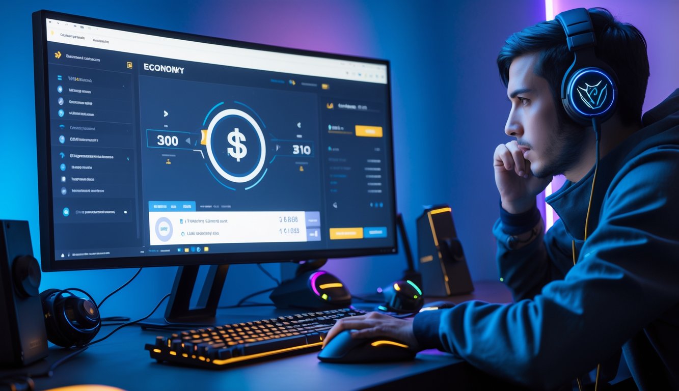Seorang pemain game sedang duduk di depan komputer dengan layar menampilkan antarmuka ekonomi dalam permainan Valorant, dikelilingi oleh perlengkapan gaming di meja.