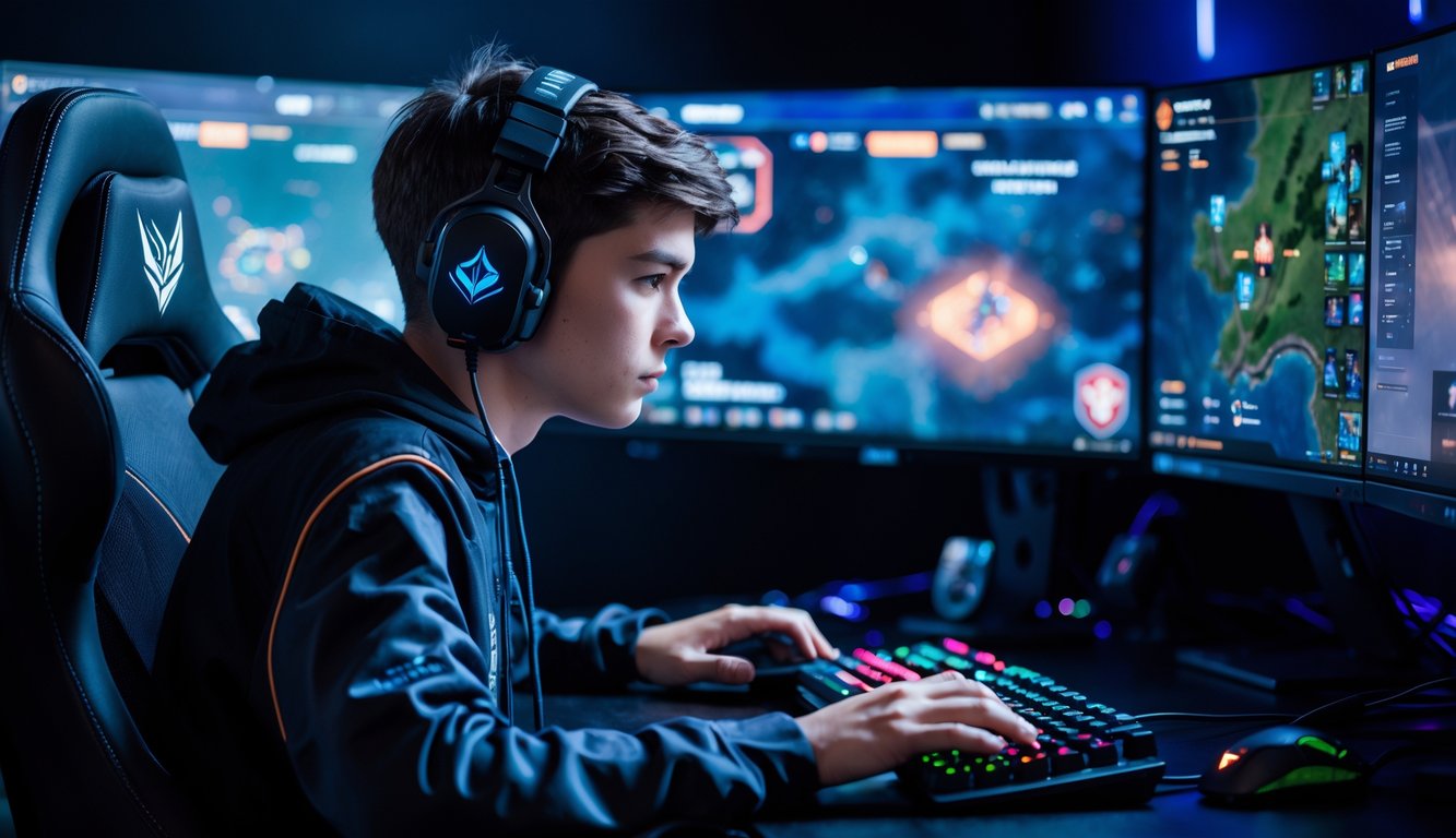 Seorang pemain esports fokus bermain Valorant dengan setup gaming lengkap dan layar menampilkan permainan.