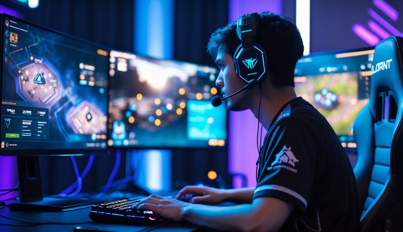 Seorang pemain esports fokus bermain Valorant di depan monitor dengan perangkat gaming di meja.