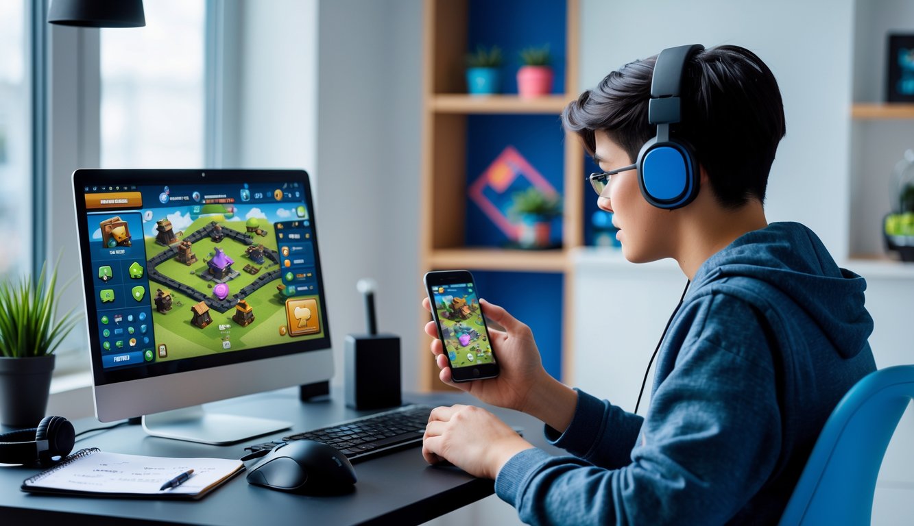 Seseorang duduk di meja dengan laptop yang menampilkan permainan Clash of Clans, sambil memegang ponsel dan terlihat fokus belajar bermain game.