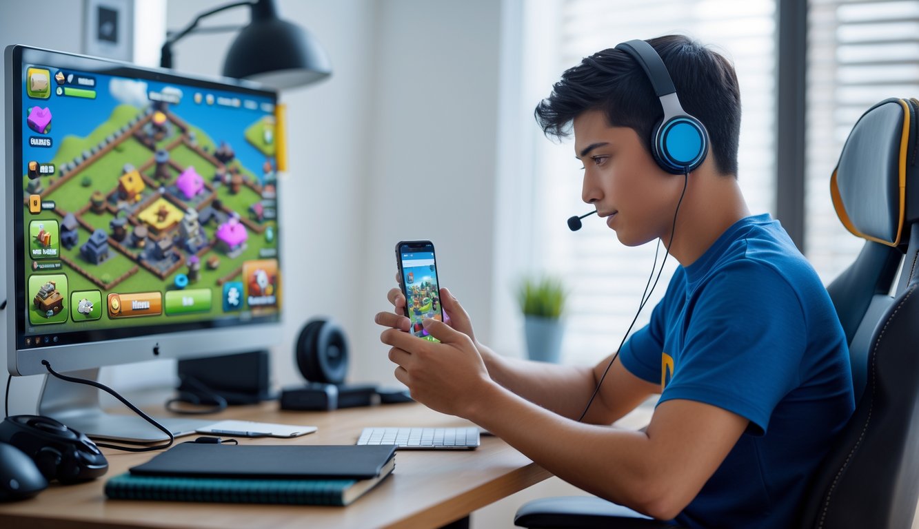 Seorang pria muda sedang bermain game strategi di ponsel dengan latar belakang layar komputer yang menampilkan tata letak desa permainan.