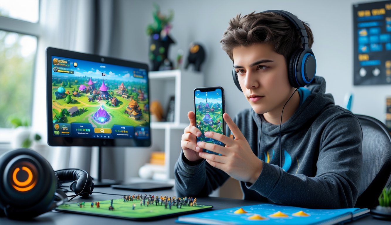 Seorang gamer muda duduk di meja modern sambil bermain game strategi di ponsel dengan fokus, dikelilingi oleh aksesori game dan catatan strategi.