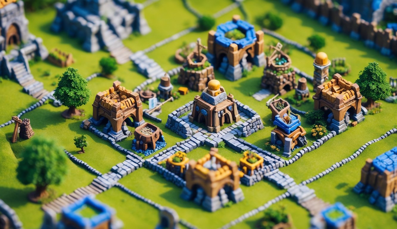 Pandangan atas sebuah tata letak desa yang terorganisir dengan bangunan dan pertahanan yang strategis.