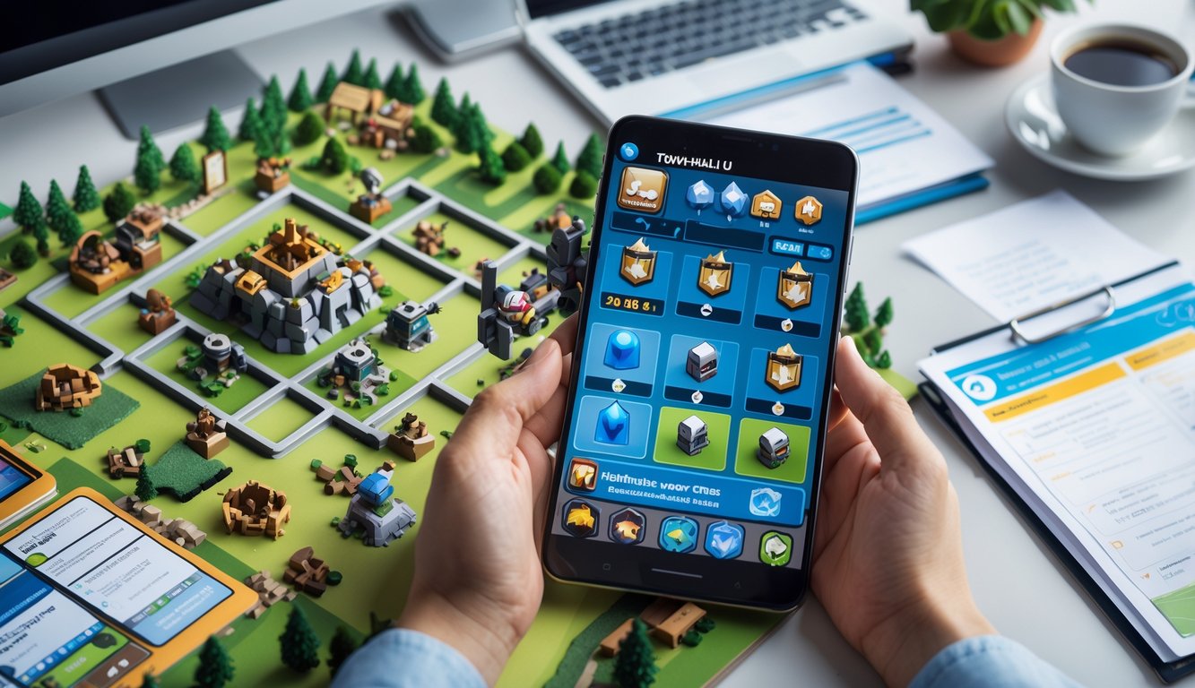 Pemandangan atas meja kerja dengan perangkat digital dan model miniatur strategi permainan Clash of Clans untuk Town Hall 7 hingga 10.