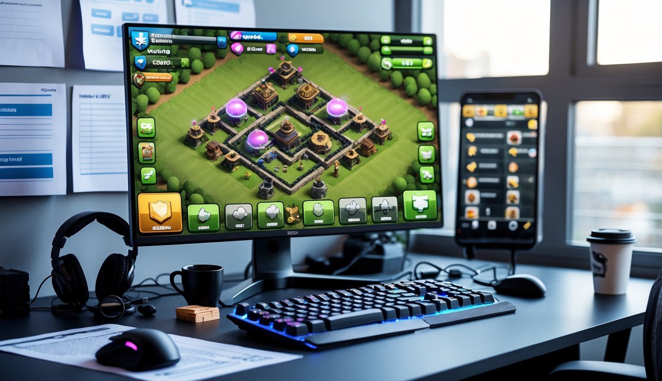 Seorang pemain sedang fokus bermain Clash of Clans dengan tampilan layar yang menunjukkan base Town Hall 7 sampai 10, di meja terdapat perangkat gaming dan catatan strategi.