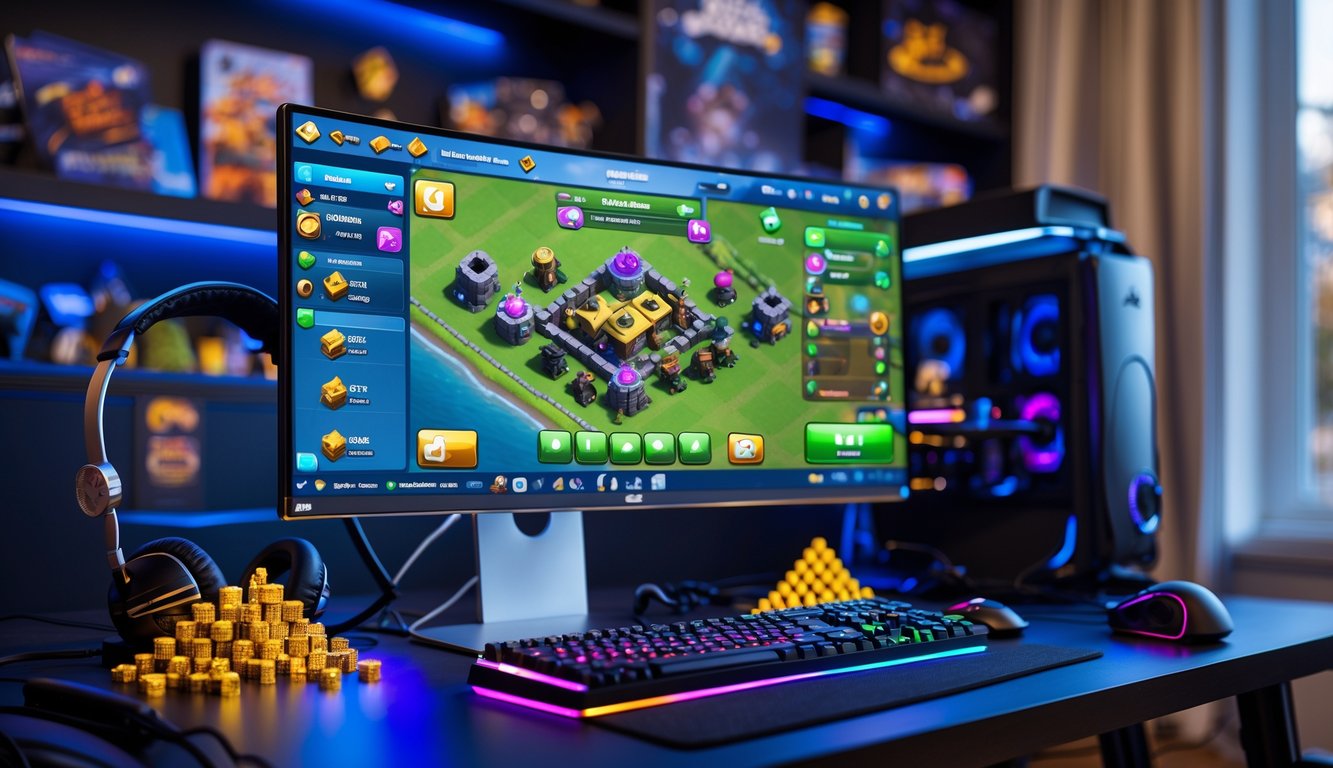 Seorang pemain sedang bermain Clash of Clans di komputer dengan layar menampilkan tambang emas dan pengumpul elixir aktif, di ruangan gaming yang nyaman dan terang.
