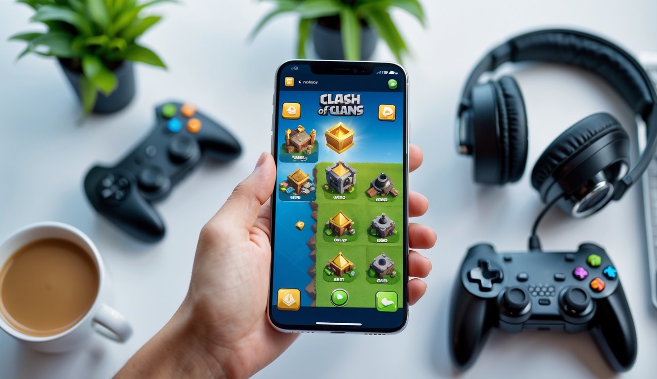 Pemandangan atas meja dengan ponsel menampilkan permainan Clash of Clans dan aksesori gaming di sekitarnya.