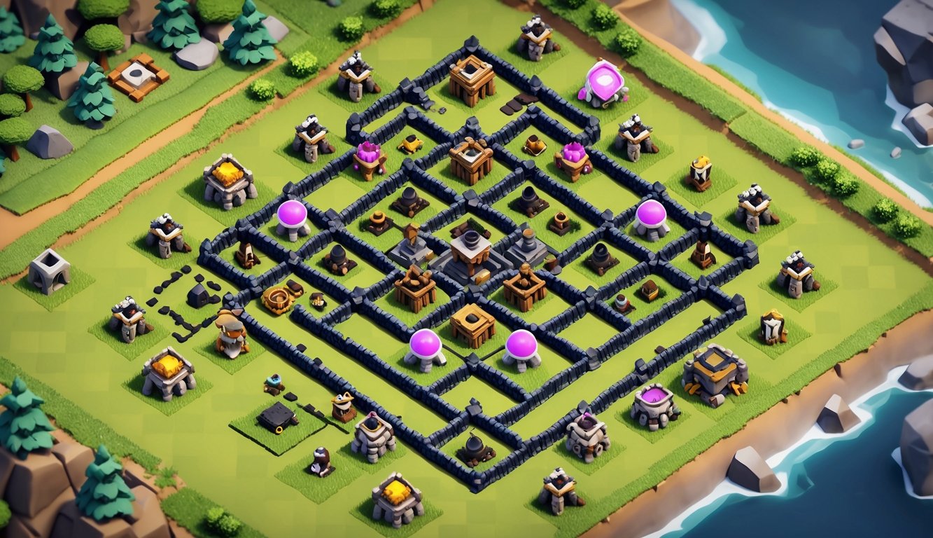 Tampilan atas susunan base Clash of Clans yang kuat dengan bangunan pertahanan dan tembok berlapis.