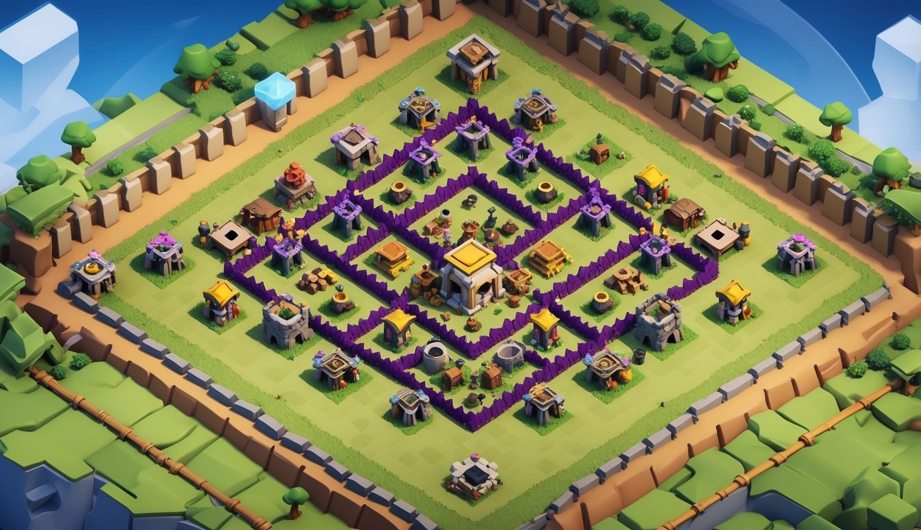 Tampilan atas susunan base Clash of Clans yang kuat dengan bangunan pertahanan dan sumber daya yang terlindungi di tengah.