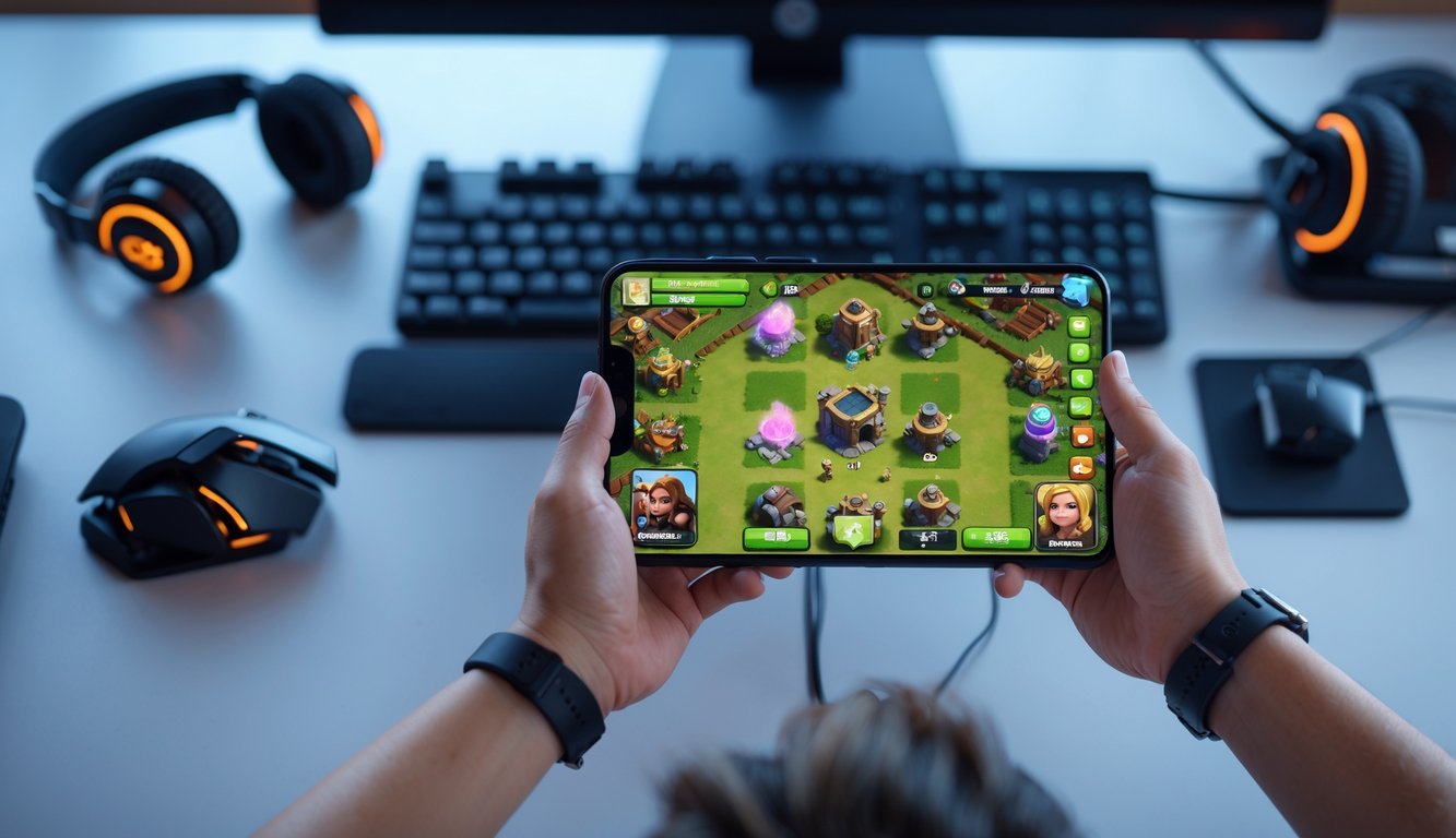Tangan seseorang sedang bermain Clash of Clans dengan ponsel di atas meja yang rapi, menampilkan karakter pahlawan yang sedang diupgrade di layar.