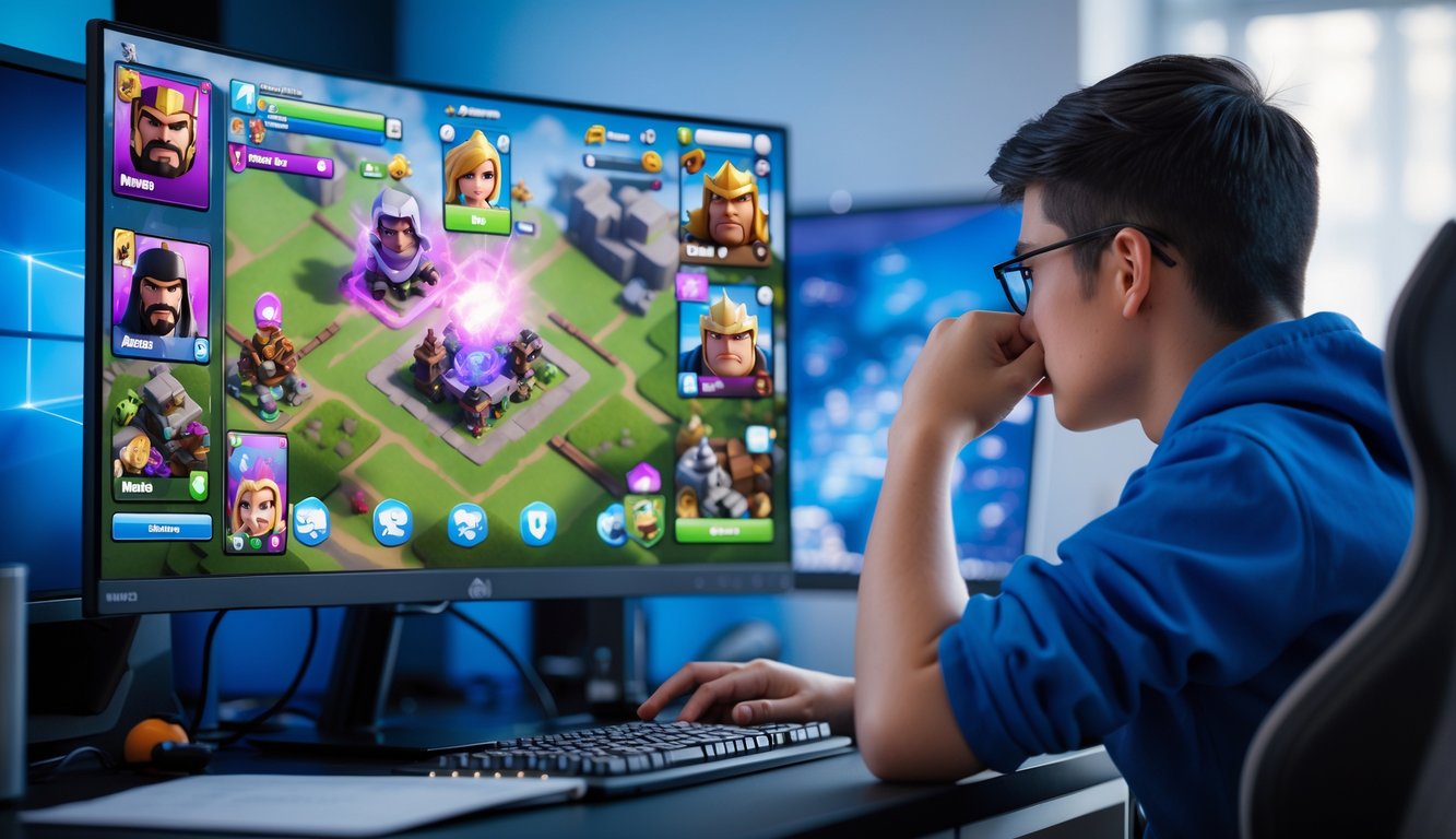 Seorang pemain game fokus di depan komputer dengan layar menampilkan karakter pahlawan yang sedang diupgrade dalam permainan.