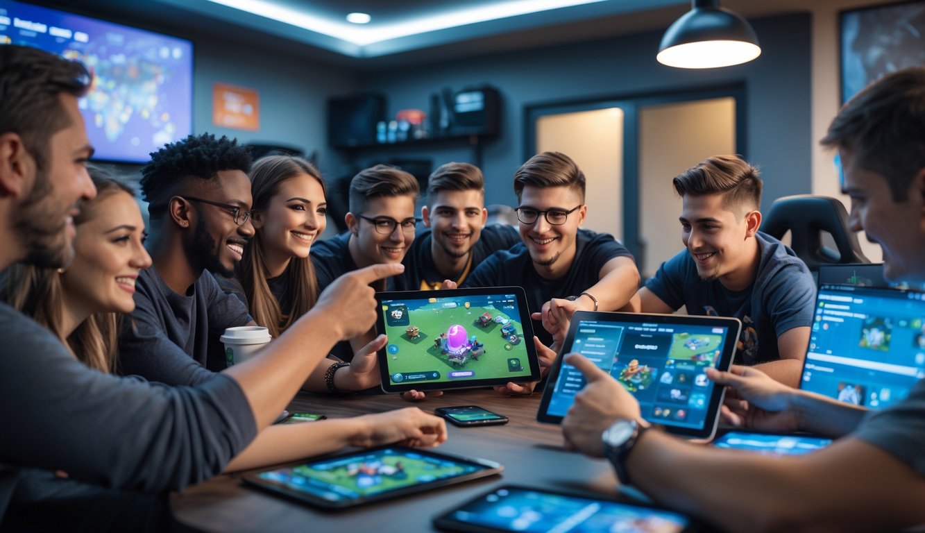 Sekelompok orang muda sedang merencanakan dan merayakan kemenangan dalam permainan Clash of Clans di sebuah ruangan permainan.