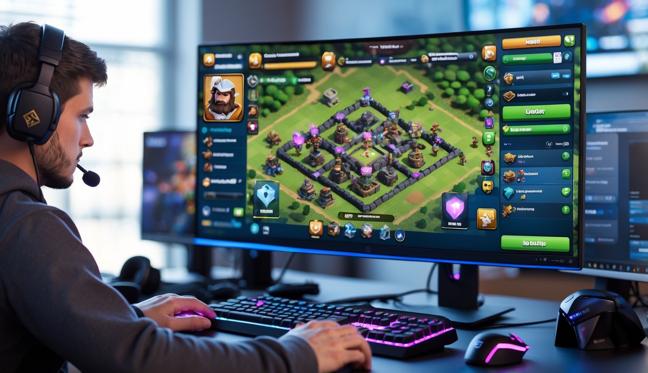 Seorang gamer sedang fokus melihat layar komputer yang menampilkan peta perang clan di Clash of Clans dengan perlengkapan gaming di meja.