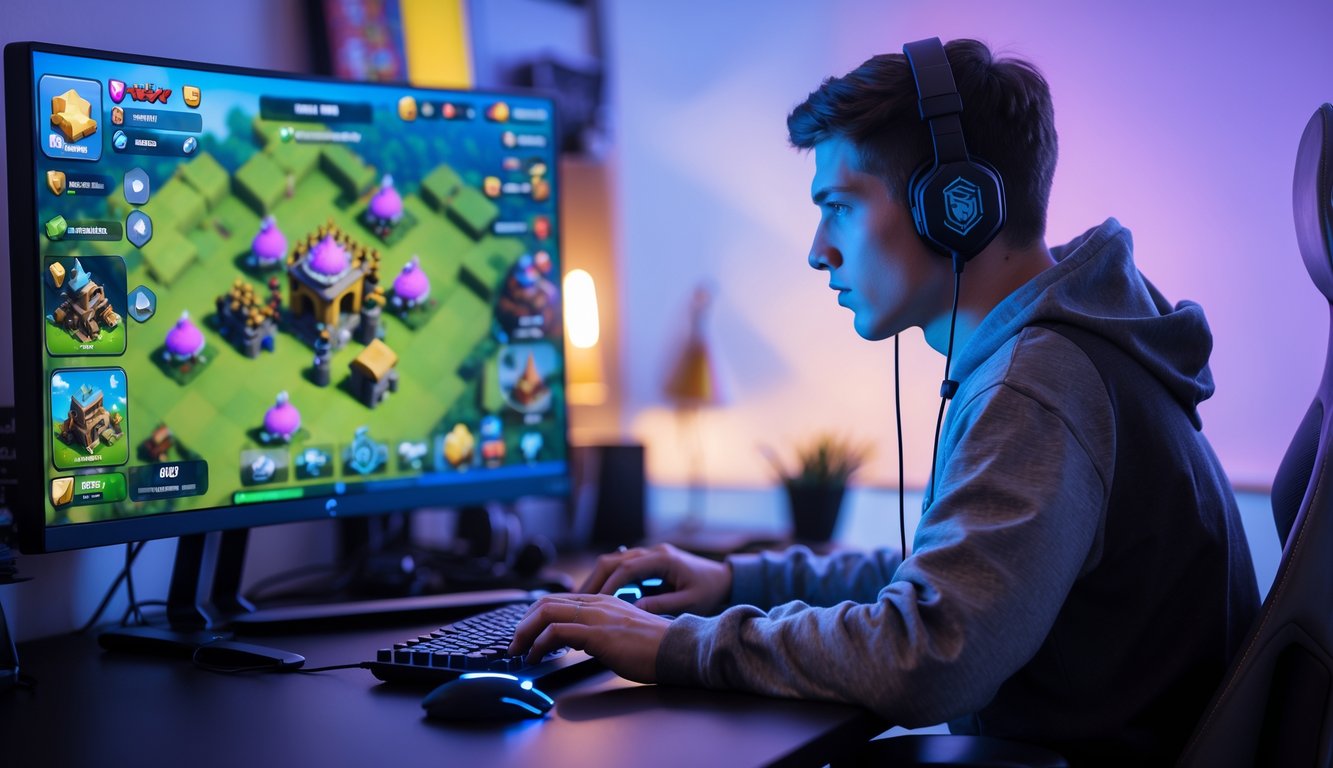 Seorang pria muda sedang bermain game Clash of Clans dengan serius di depan komputer di sebuah ruangan yang terang.
