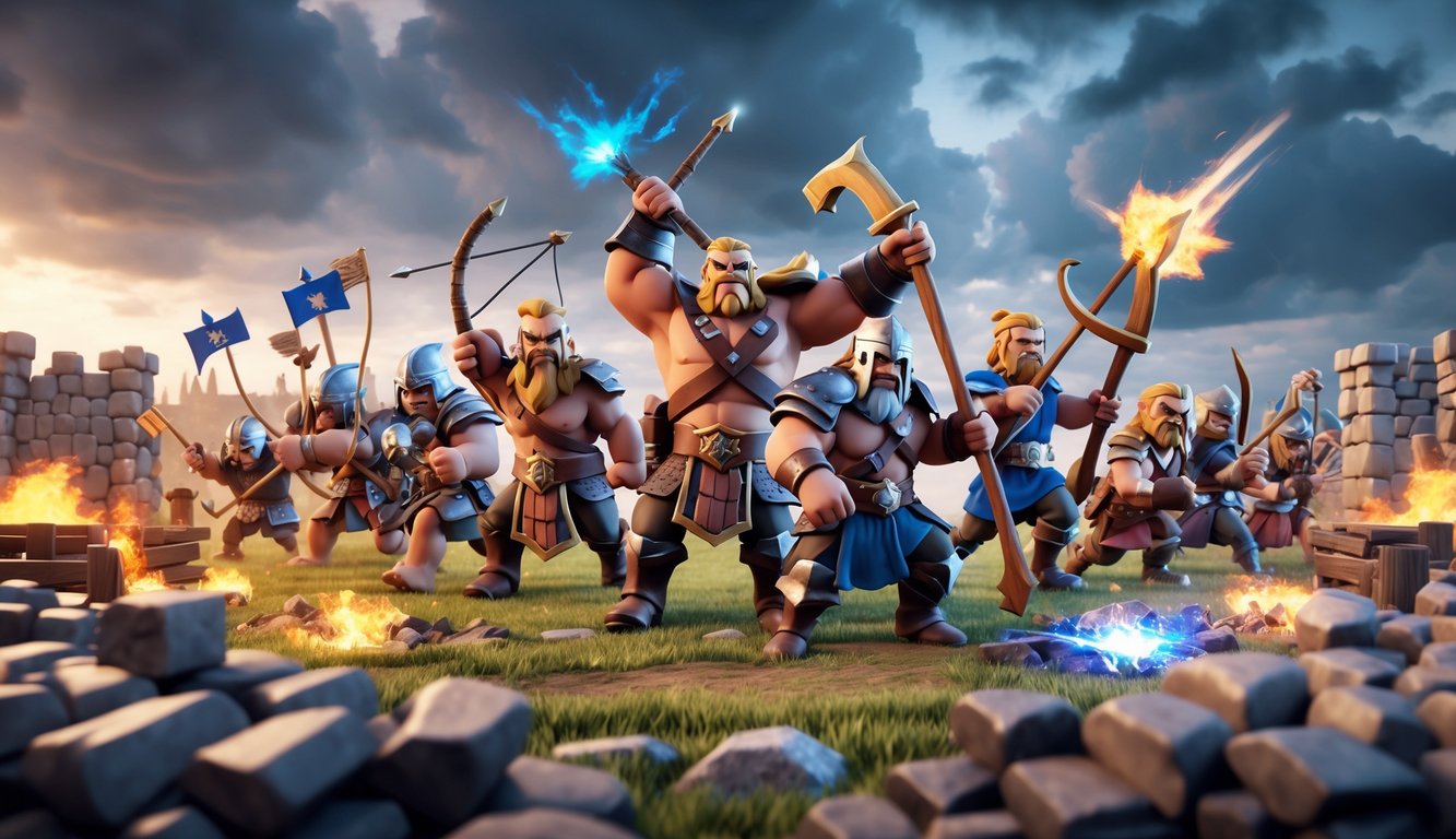 Adegan pasukan Clash of Clans terbaik sedang bertempur di medan perang dengan latar benteng dan ledakan.