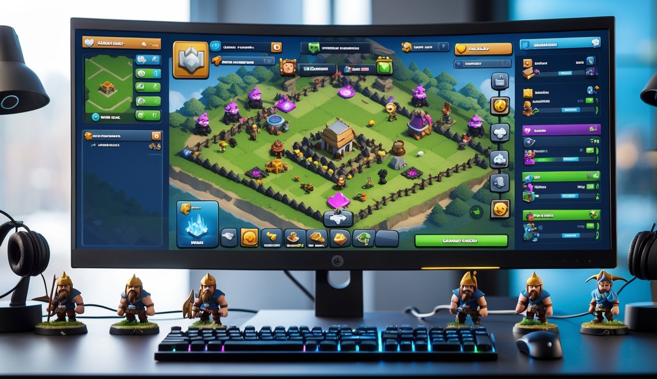 Meja gaming dengan monitor yang menampilkan peta pertempuran Clash of Clans dan model pasukan di sekitarnya.