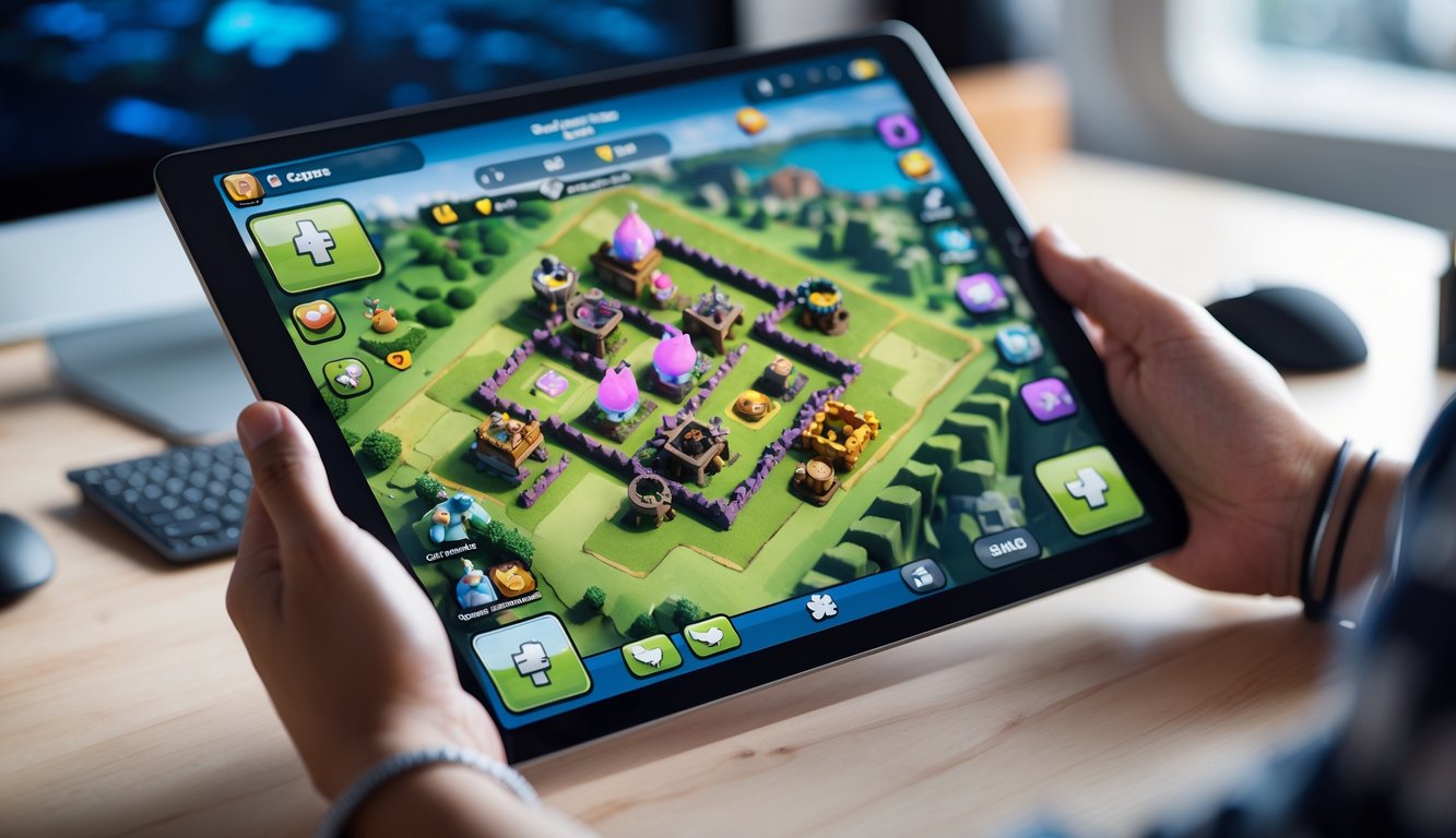 Seseorang memegang tablet yang menampilkan tata letak desa Clash of Clans yang kuat dan terorganisir dengan bangunan dan pertahanan yang berwarna-warni.