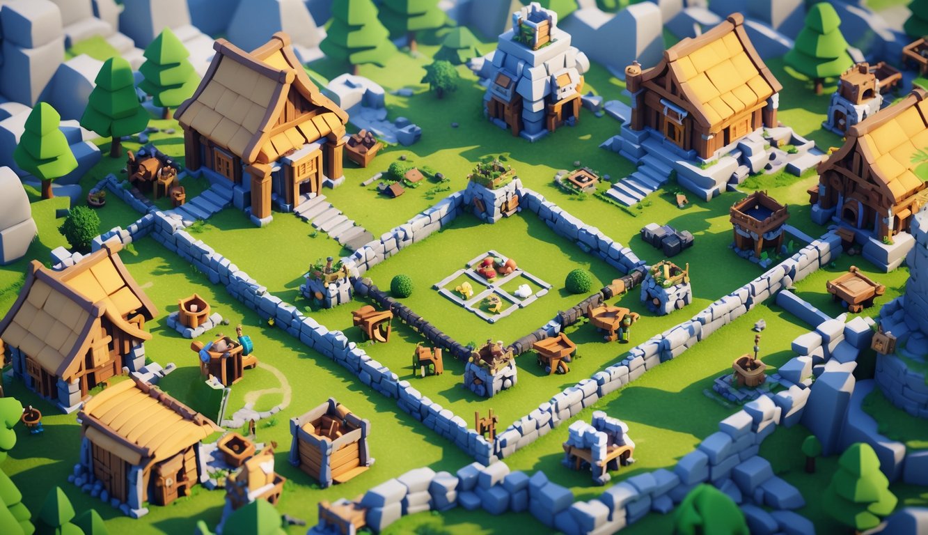 Pemandangan desa yang hidup dengan bangunan kokoh dan penduduk yang bekerja sama membangun desa.