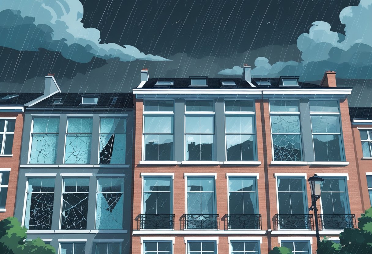 Vue d'un immeuble résidentiel à Bruxelles avec des fenêtres endommagées par la pluie, le vent et la grêle sous un ciel orageux.