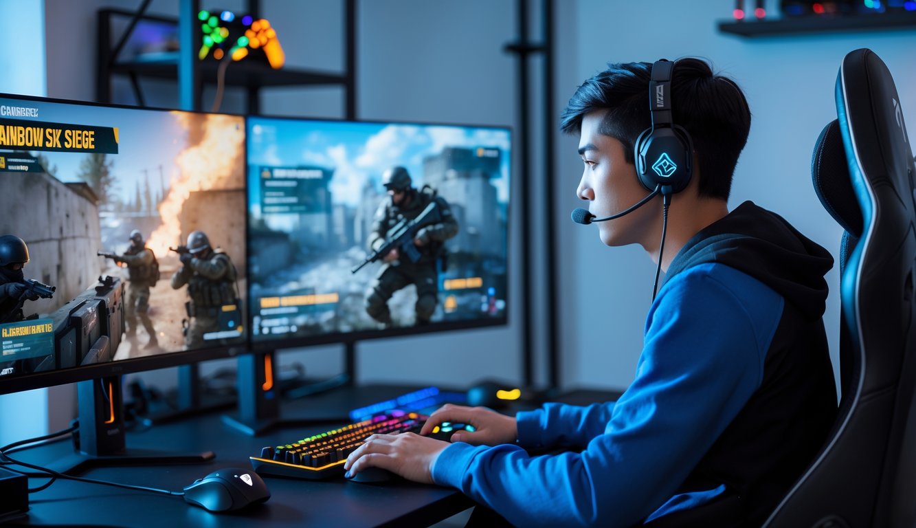 Seorang pemain muda fokus bermain Rainbow Six Siege di depan dua monitor dengan perlengkapan gaming di ruang yang nyaman.