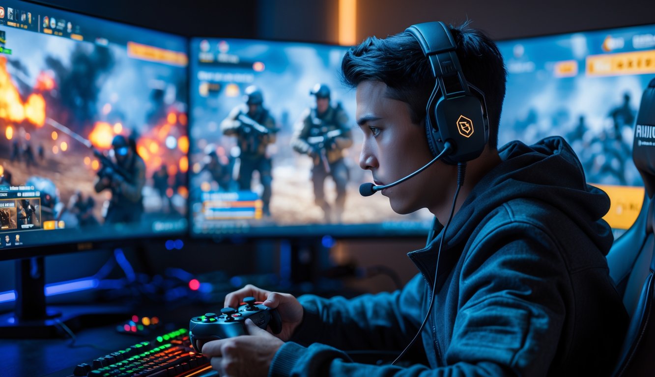Seorang pria muda sedang bermain game di depan komputer dengan headset dan kontroler, fokus pada permainan taktis di layar.