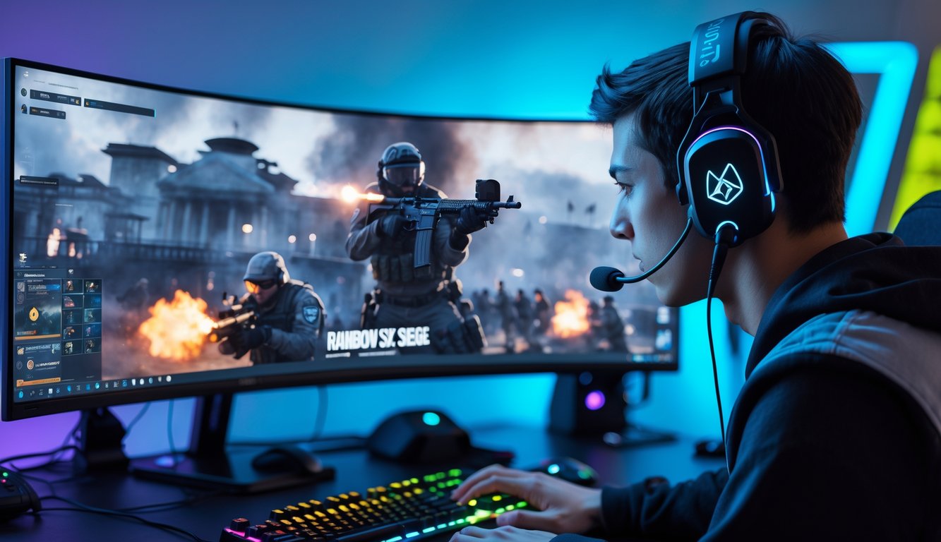 Seorang pemain muda sedang fokus bermain Rainbow Six Siege di depan komputer dengan perlengkapan gaming lengkap.