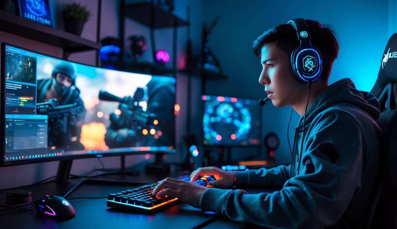 Seorang gamer muda yang fokus bermain Rainbow Six Siege di depan komputer dengan pencahayaan RGB di ruangan gelap.