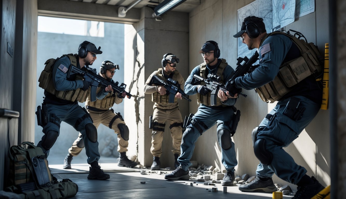 Tim operator taktis sedang bergerak dan berkoordinasi dalam lingkungan perkotaan yang realistis untuk menyerang dan bertahan.