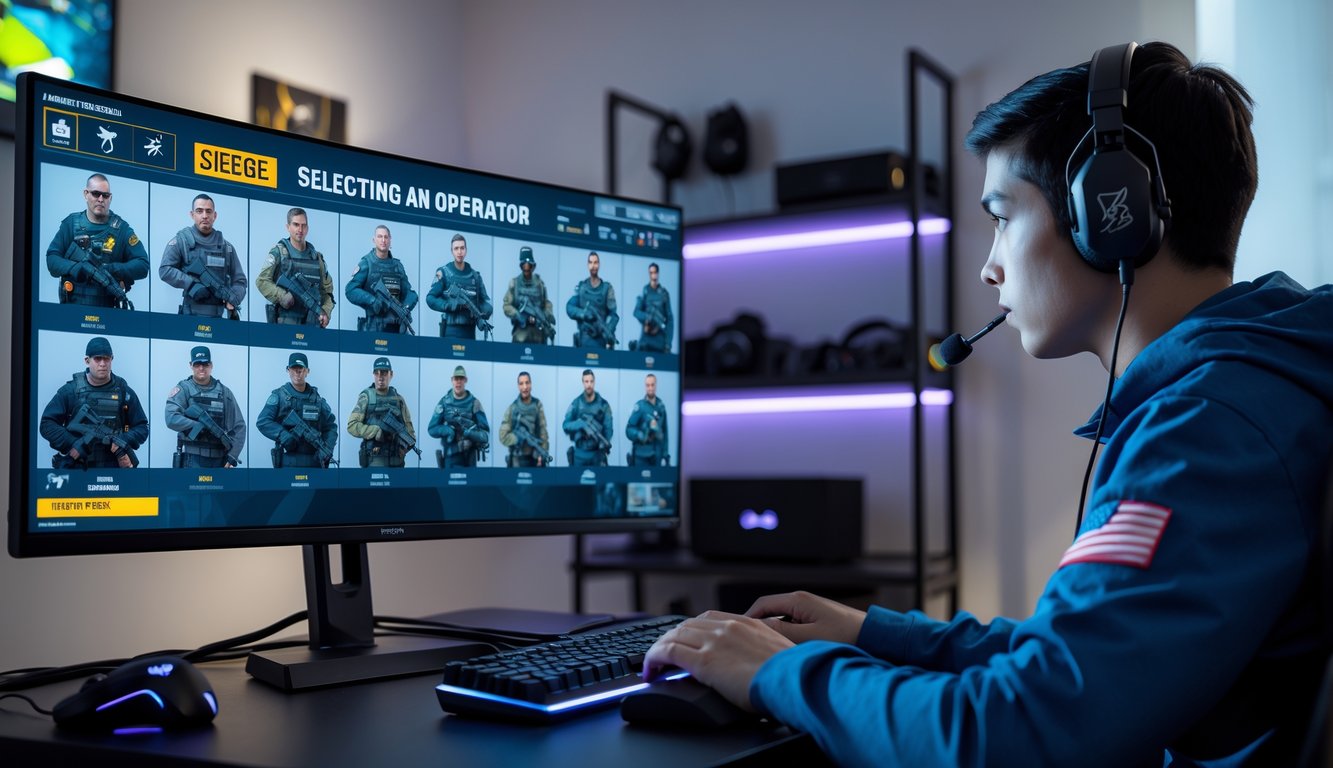 Seorang pemain muda sedang memilih operator dalam permainan video tembak-menembak taktis di depan komputer dengan peralatan gaming lengkap.
