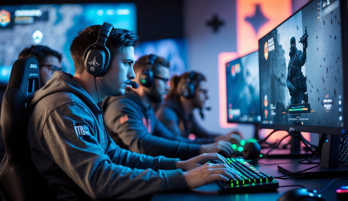 Seorang pemain game sedang fokus bermain Rainbow Six Siege dengan kelompok yang bekerja sama di sekitar meja gaming.