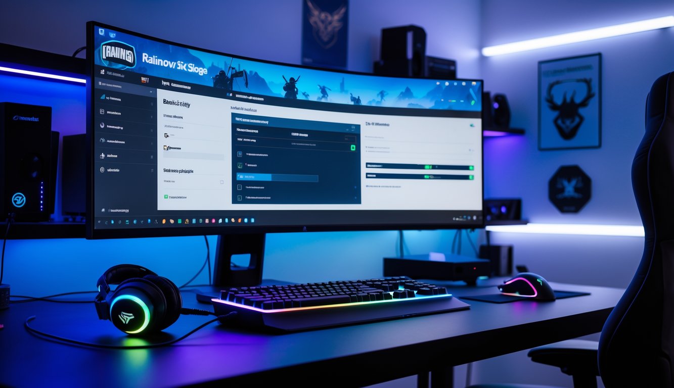 Sebuah setup gaming PC modern dengan monitor menampilkan pengaturan sensitivitas Rainbow Six Siege, dilengkapi keyboard mekanik, mouse gaming, dan headphone di meja yang rapi.