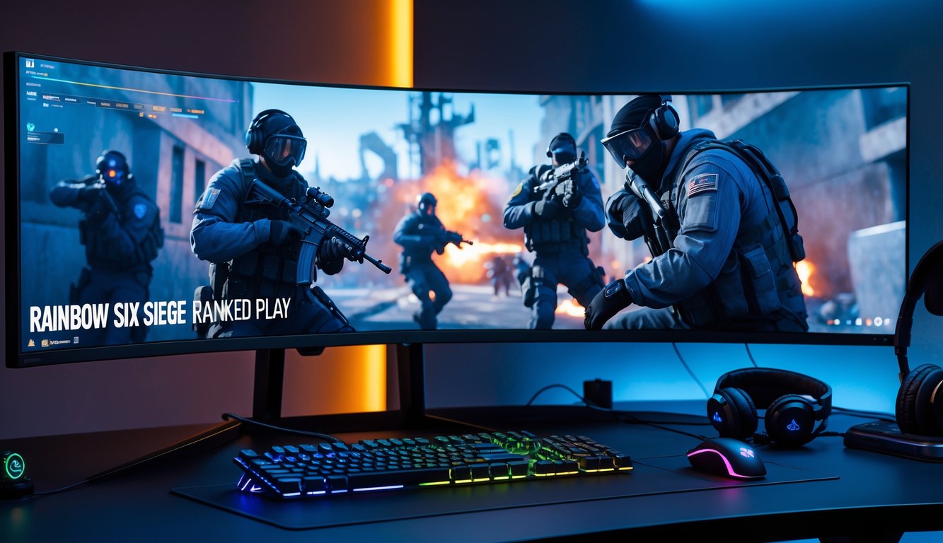 Meja gaming modern dengan monitor besar menampilkan adegan permainan Rainbow Six Siege, dilengkapi keyboard, mouse, dan headset di ruangan dengan pencahayaan biru dan oranye.
