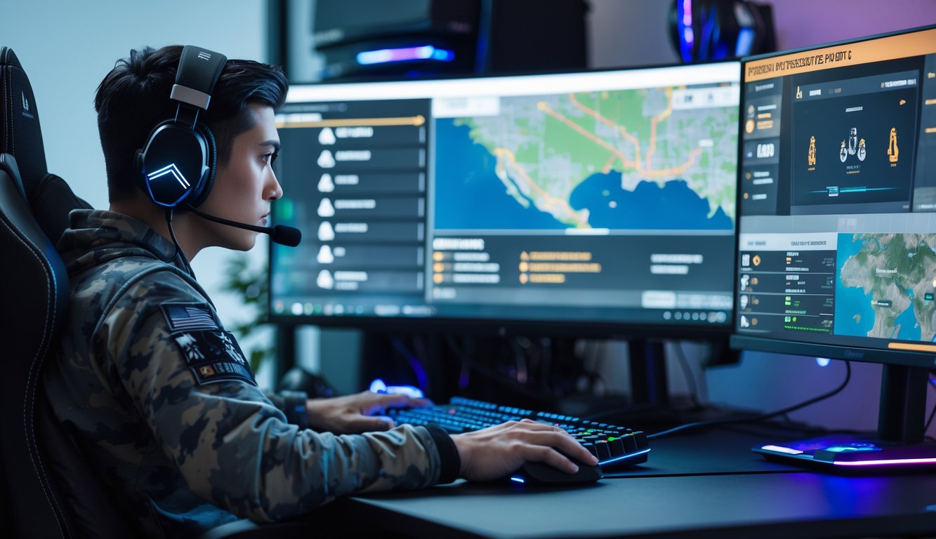 Seorang pemain game serius duduk di depan komputer dengan layar menampilkan permainan Rainbow Six Siege, dikelilingi oleh perlengkapan gaming.