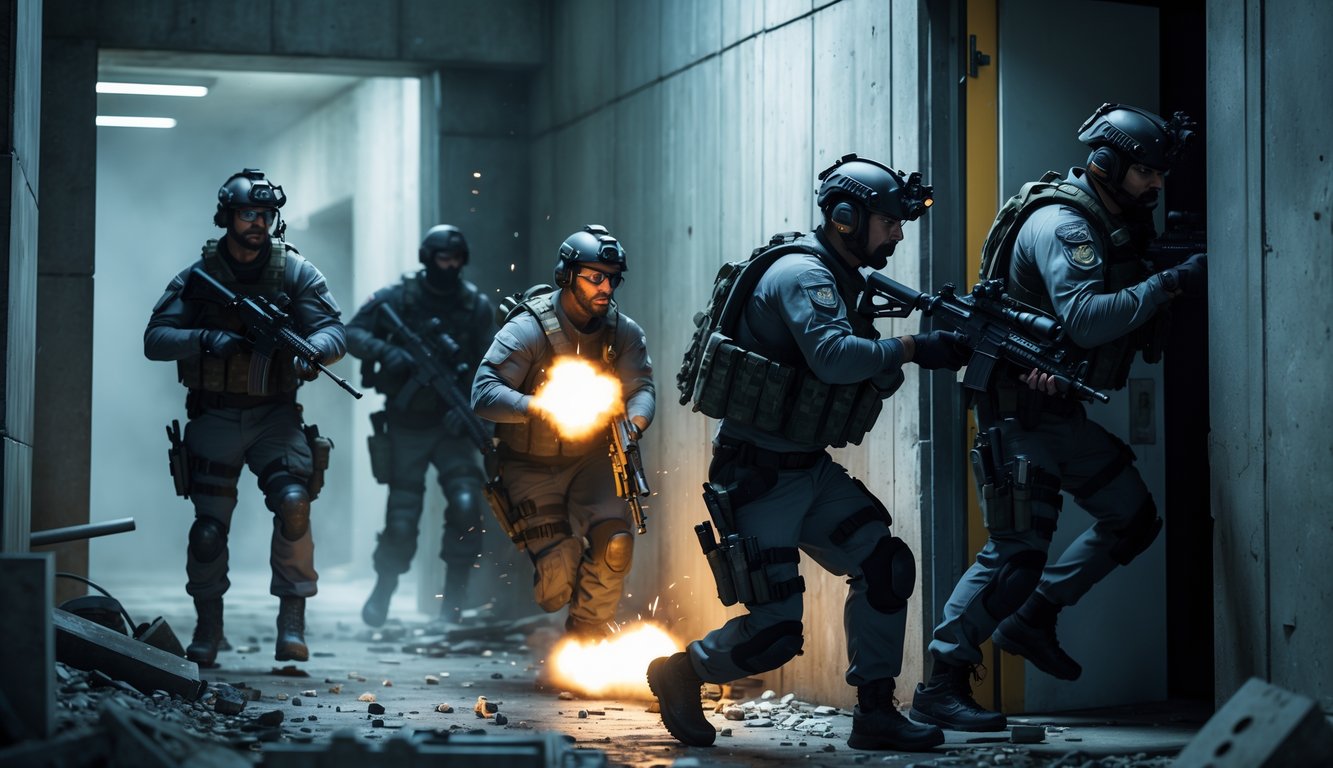 Tim operator taktis bersenjata lengkap bergerak di lingkungan perkotaan yang redup, sedang melakukan operasi strategis.