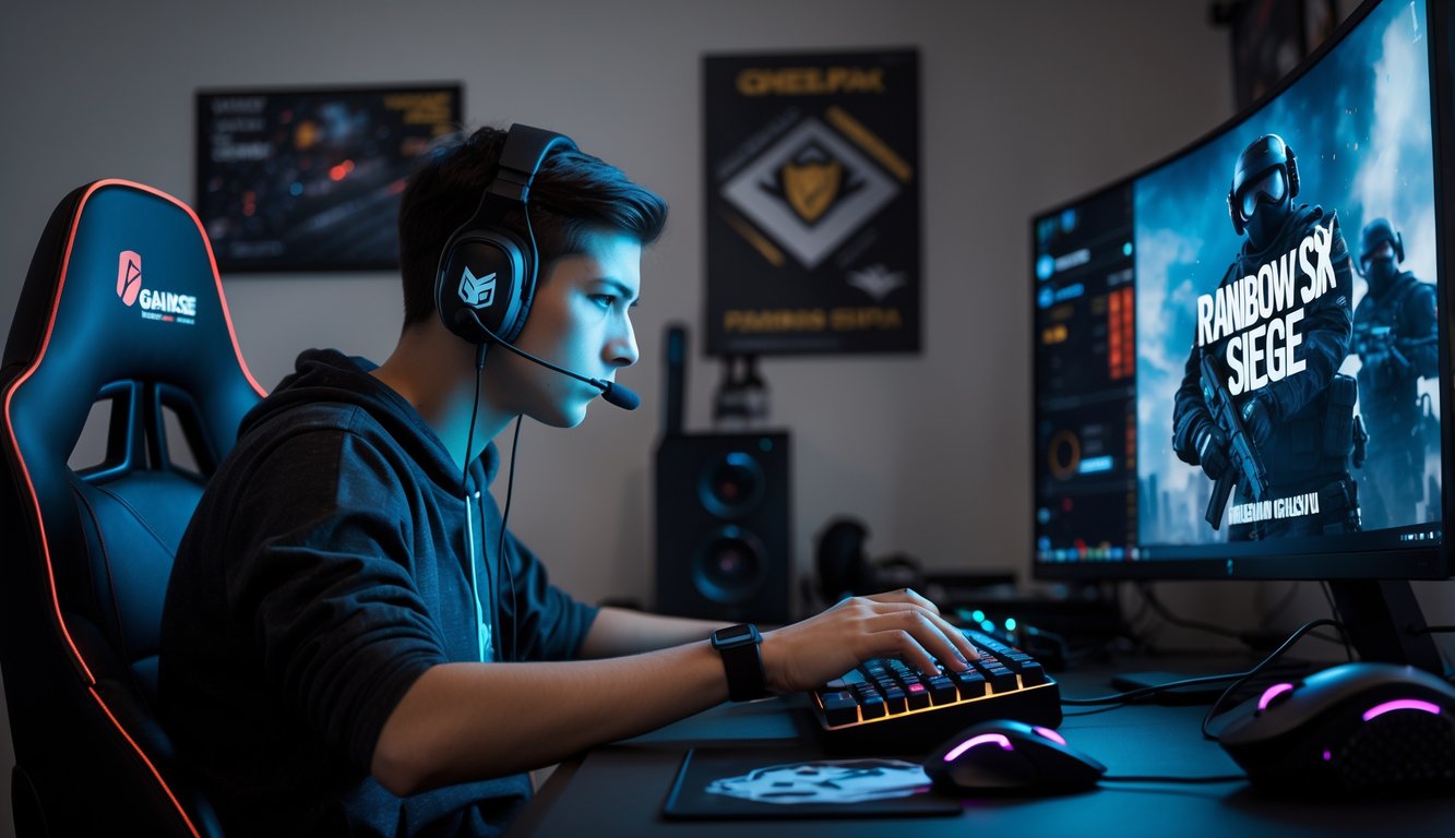 Seorang gamer muda fokus bermain Rainbow Six Siege di depan komputer dengan headset dan peralatan gaming.