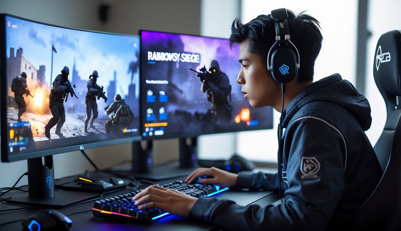 Seorang pemain muda fokus bermain Rainbow Six Siege di depan komputer dengan dua monitor di ruangan modern.