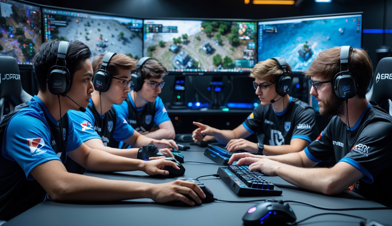 Tim esports sedang berdiskusi dan merencanakan strategi dalam permainan Rainbow Six Siege di ruang permainan dengan peralatan gaming.