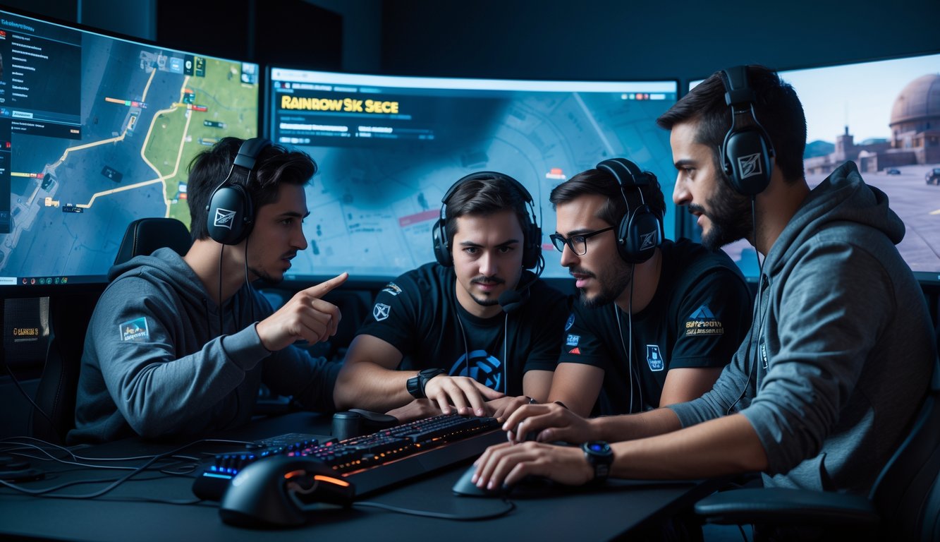 Empat pemain game sedang berdiskusi dan merencanakan strategi di depan layar komputer dengan peta permainan Rainbow Six Siege.