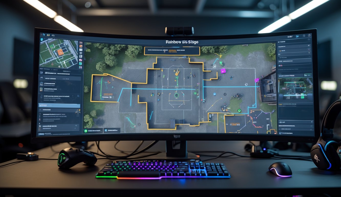 Sebuah setup gaming dengan peta digital Rainbow Six Siege di layar komputer yang menampilkan taktik dan jalur push dalam permainan.